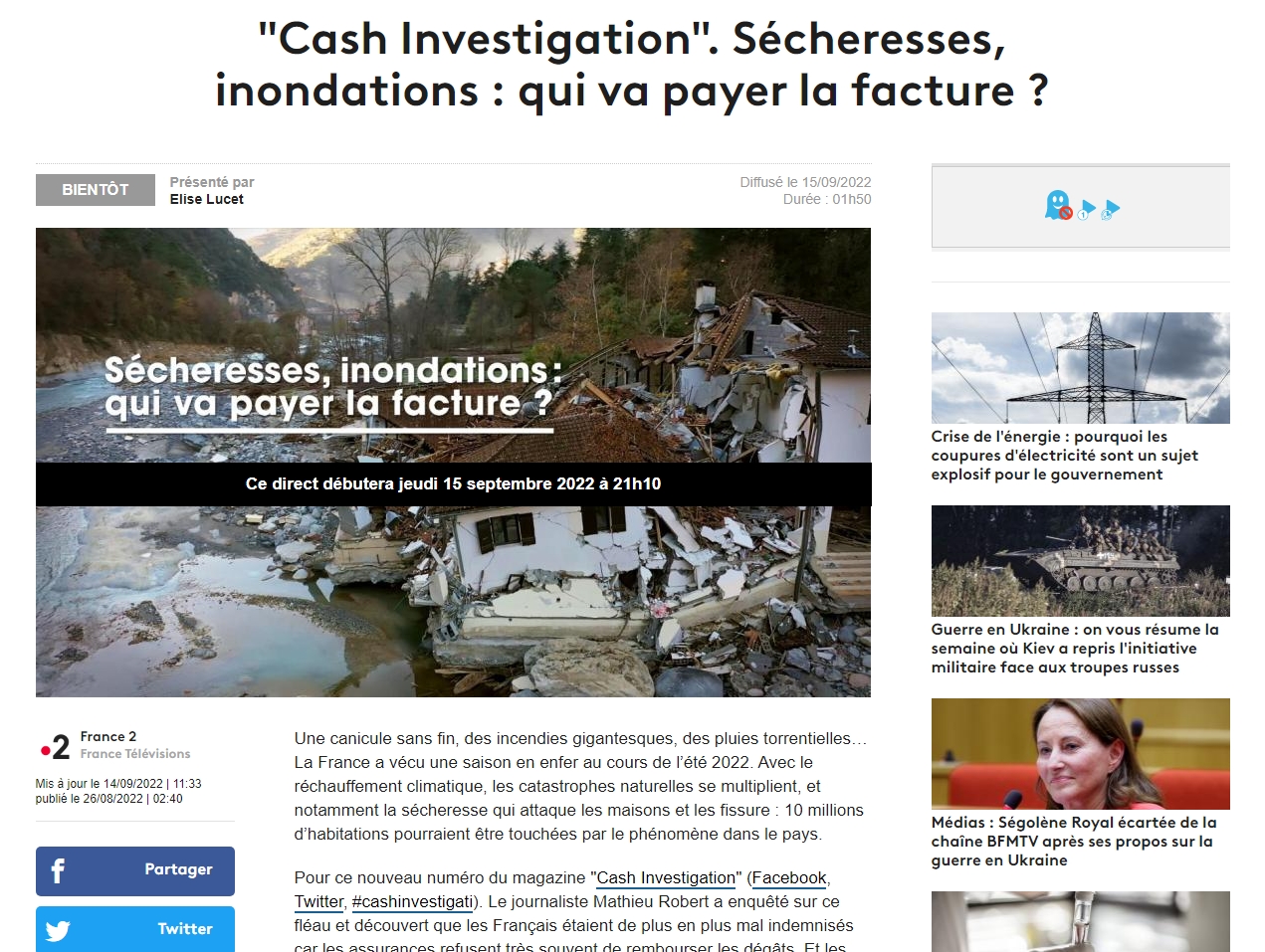 You are currently viewing [Participation de Corinne Lepage à « Cash Investigation : Sécheresses, inondations : qui va payer la facture ? » sur France 2]