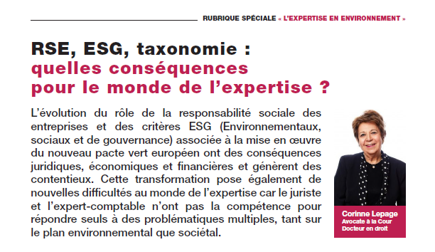 You are currently viewing [RSE, ESG, taxonomie : quelles conséquences pour le monde de l’expertise ? Article de Corinne Lepage]